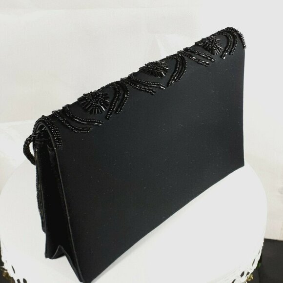 Carla Marchi Evening Purse/Clutch Black Satin Crossbody Hand-Beaded - Picture 5 of 10